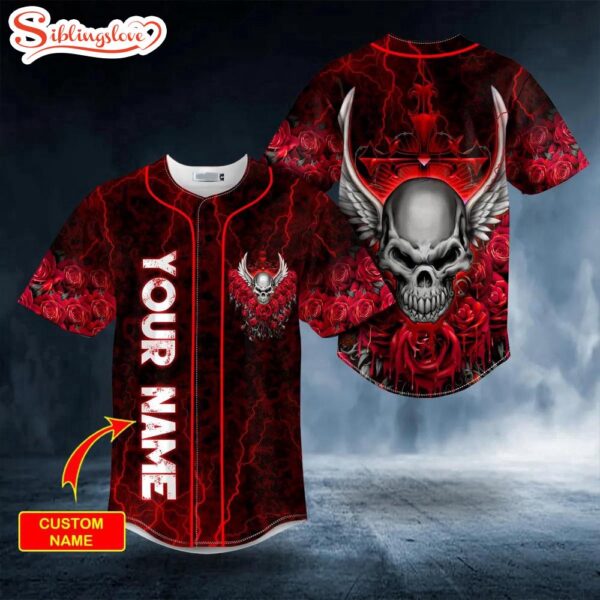 Custom Name Red Roses Winged Angel Skull Halloween Baseball Jersey Shirt