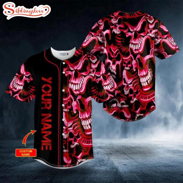 Custom Name Red Smile Pattern Skull Halloween Baseball Jersey Shirt