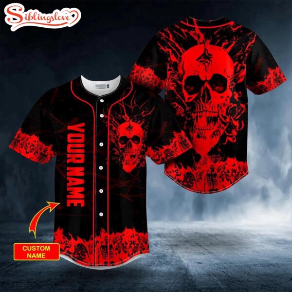 Custom Name Red Stream Flame Skull Halloween Baseball Jersey Shirt