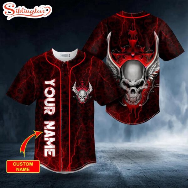 Custom Name Red Winged Fire Skull Halloween Baseball Jersey Shirt