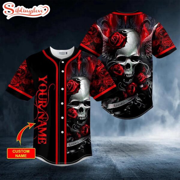 Custom Name Romantic Love Roses Sugar Skull Halloween Baseball Jersey Shirt