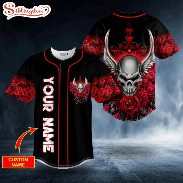 Custom Name Roses Winged Skull Halloween Baseball Jersey Shirt