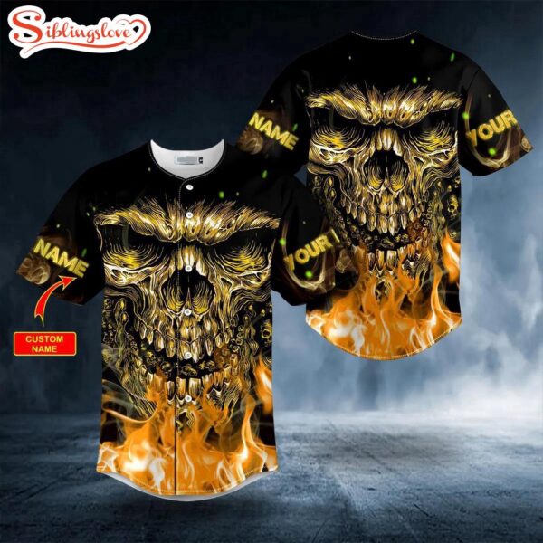 Custom Name Rustic Gold Fire Skull Halloween Baseball Jersey Shirt