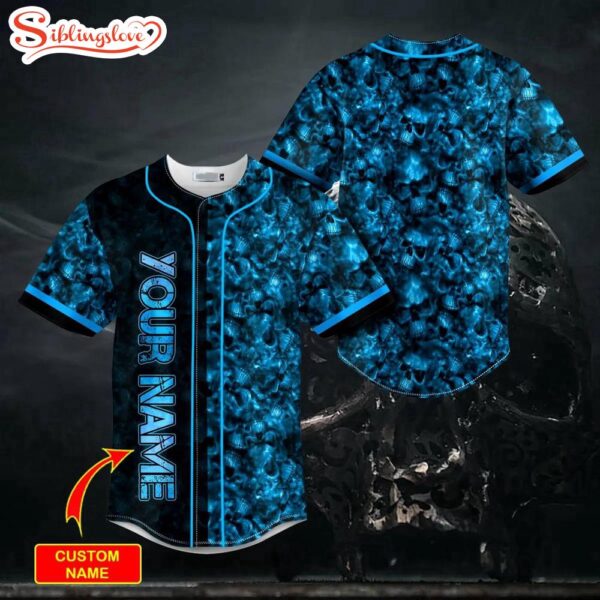 Custom Name Seamless Pattern Blue Ghost Skull Halloween Baseball Jersey Shirt