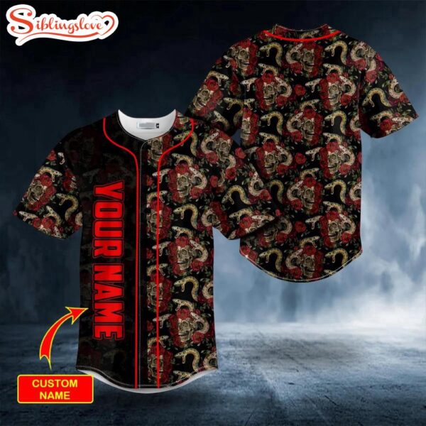 Custom Name Seamless Pattern Snake N Roses Sugar Skull Halloween Baseball Jersey Shirt