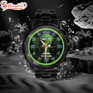 Custom Name Seattle Seahawks NFL 3D Men Black Stainless Steel Watch Gift For Fans