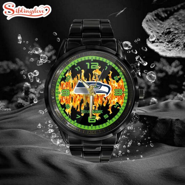 Custom Name  Seattle Seahawks NFL 3D Men  Black Stainless Steel Watch Gift For Fans