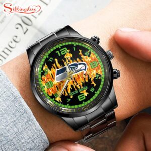 Custom Name Seattle Seahawks NFL 3D Men Black Stainless Steel Watch Gift For Fans