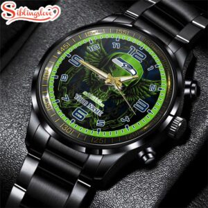 Custom Name Seattle Seahawks NFL 3D Men Black Stainless Steel Watch Gift For Fans