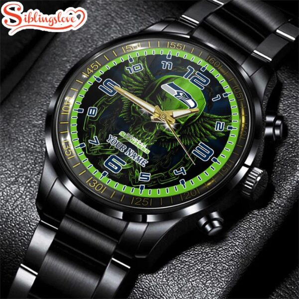 Custom Name  Seattle Seahawks NFL 3D Football Sport Black Stainless Steel Watch