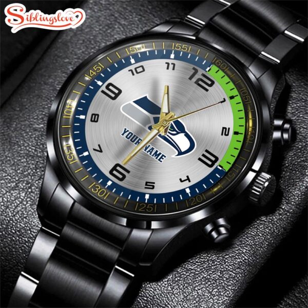 Custom Name Seattle Seahawks NFL Black Stainless Steel Watch Gifts For Fans