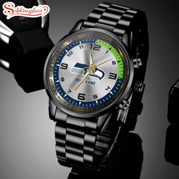 Custom Name Seattle Seahawks NFL Black Stainless Steel Watch Gifts For Fans