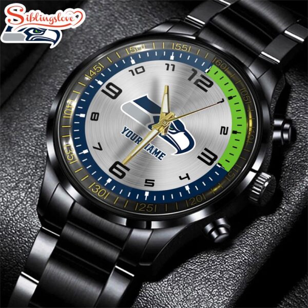 Custom Name  Seattle Seahawks NFL Black Stainless Steel Watch Gifts For Fans