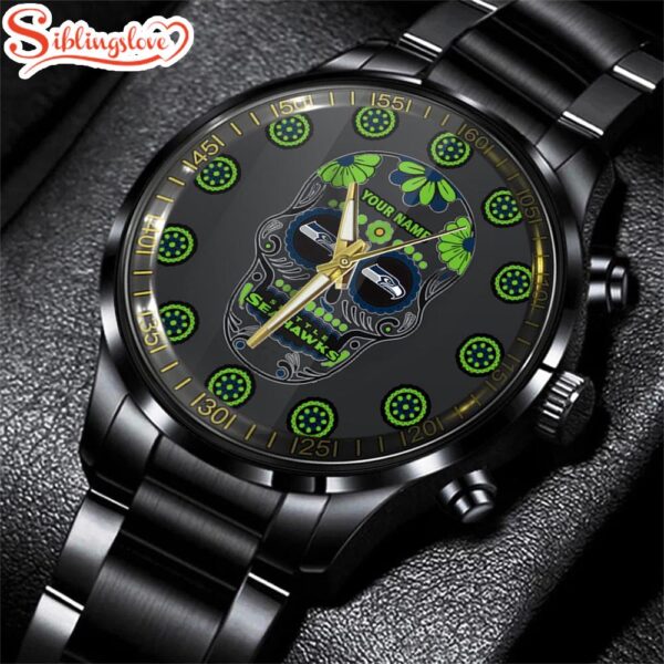 Custom Name  Seattle Seahawks NFL Football Sport Black Stainless Steel Watch