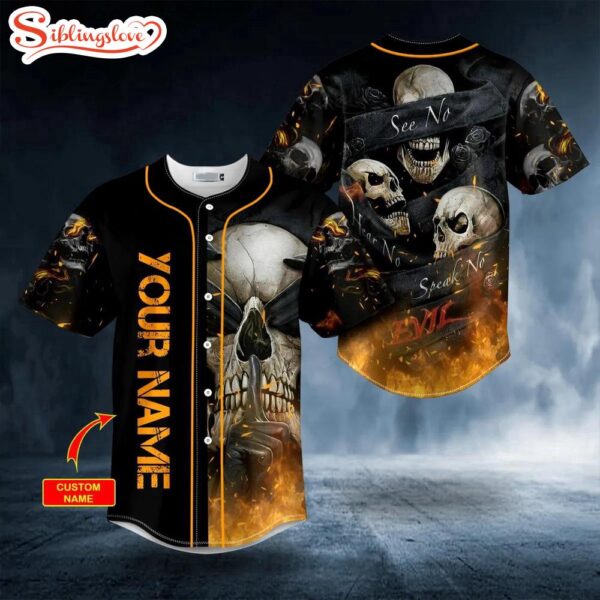 Custom Name See Hear Speak No Evil Fire Skull Halloween Baseball Jersey Shirt