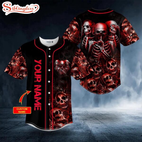 Custom Name See No Hear No Speak No Blood Rose Skull Halloween Baseball Jersey Shirt