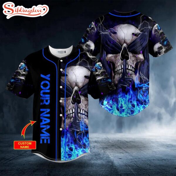 Custom Name See No Hear No Speak No Evil Blue Fire Skull Halloween Baseball Jersey Shirt