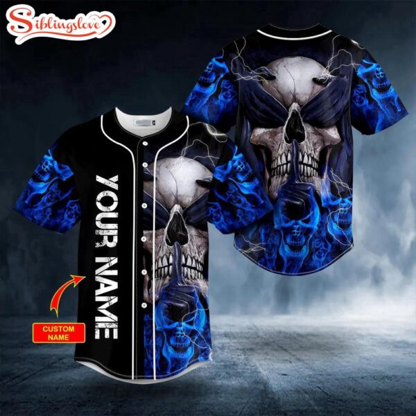 Custom Name See No Hear No Speak No Evil Blue Flame Skull Halloween Baseball Jersey Shirt