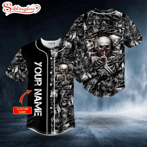 Custom Name See No Hear No Speak No Evil Pattern Skull Halloween Baseball Jersey Shirt