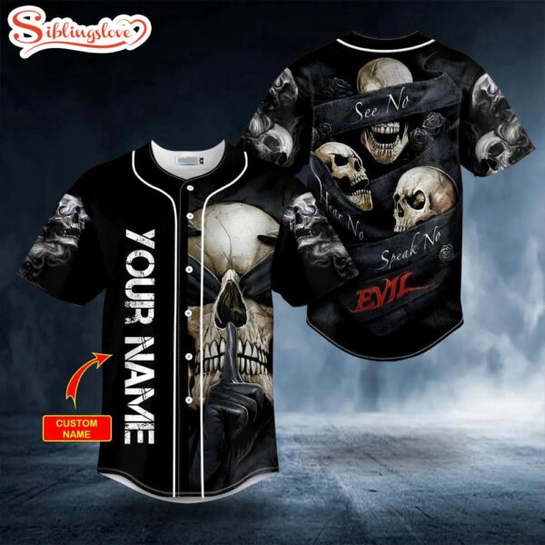 Custom Name See No Hear No Speak No Evil Skull Halloween Baseball Jersey Shirt