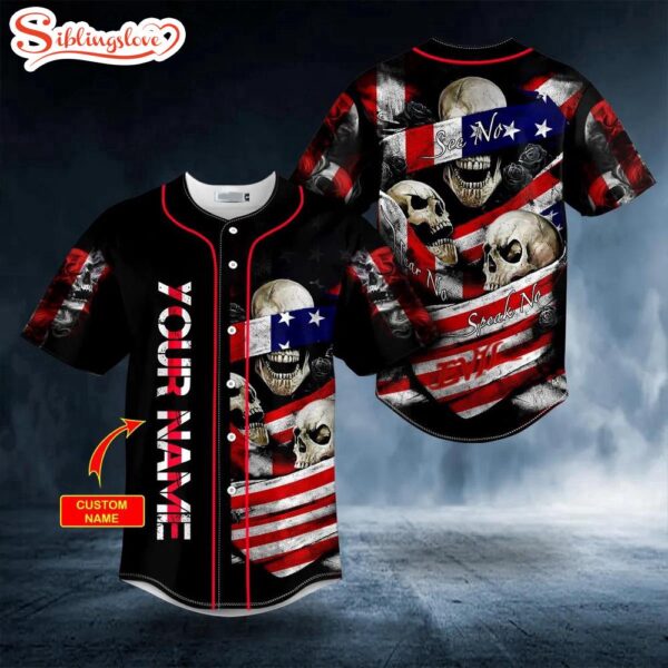 Custom Name See No Hear No Speak No Evil USA Flag Skull Halloween Baseball Jersey Shirt