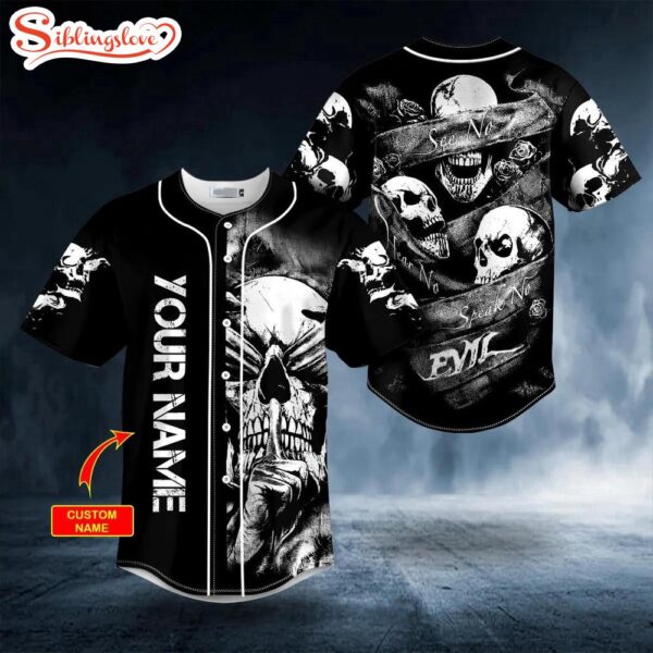 Custom Name See No Hear No Speak No Evil Vintage Skull Halloween Baseball Jersey Shirt