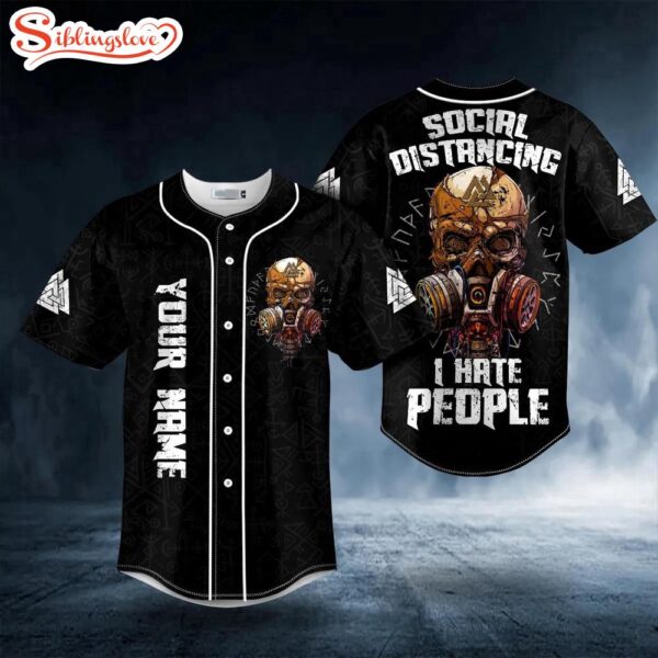 Custom Name Social Distancing Valknut Viking Gas Mask Skull Halloween Baseball Jersey Shirt