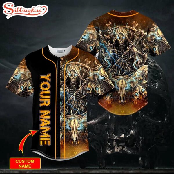 Custom Name Soleram Lullaby Song Grim Reaper Fire Skull Halloween Baseball Jersey Shirt