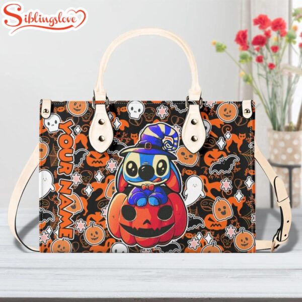 Custom Name Stitch Pumpkin Halloween Leather Handbag