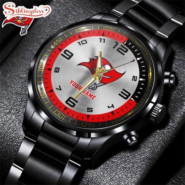 Custom Name  Tampa Bay Buccaneers NFL Black Stainless Steel Watch Gifts For Fans