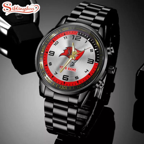 Custom Name Tampa Bay Buccaneers NFL Black Stainless Steel Watch Gifts For Fans