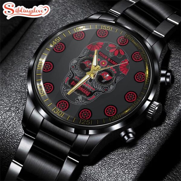 Custom Name  Tampa Bay Buccaneers NFL Men Black Stainless Steel Watch Gift For Fans