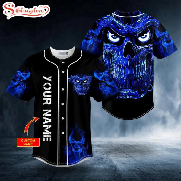 Custom Name Terminator Blue Fire Skull Halloween Baseball Jersey Shirt