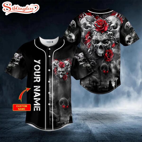 Custom Name Three Skull With Rose Halloween Baseball Jersey Shirt