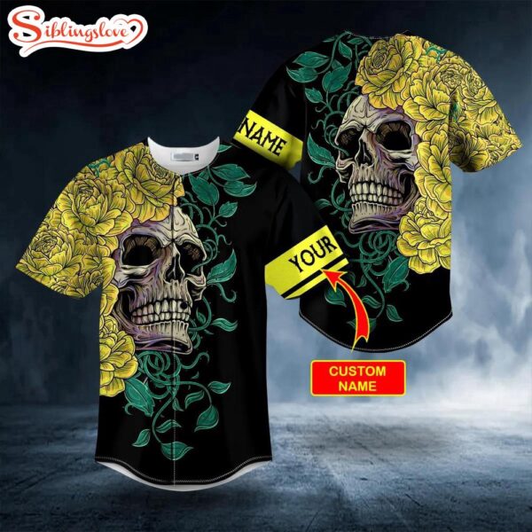 Custom Name Yellow Green Floral Sugar Skull Halloween Baseball Jersey Shirt