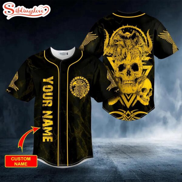 Custom Name Yellow Raven Viking Skull Halloween Baseball Jersey Shirt