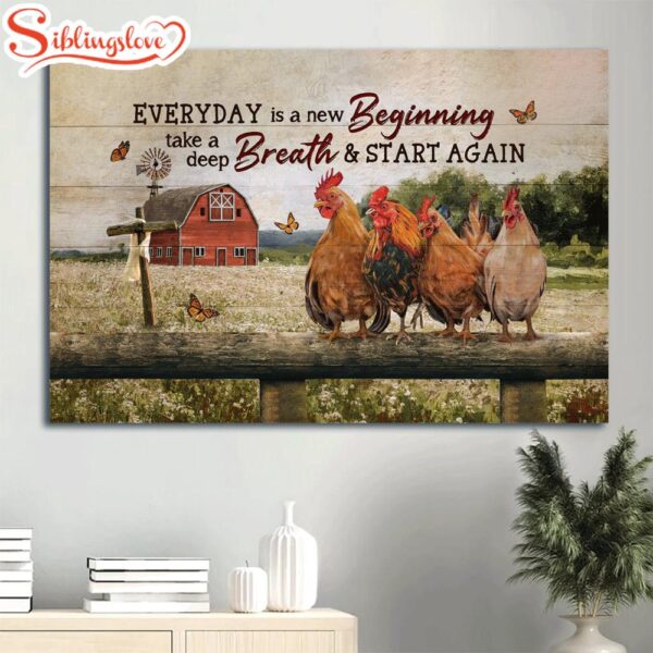 Cute Rooster Happy Farm Red House Orange Butterfly Canvas Everyday Is A New Beginning Canvas Wall Art