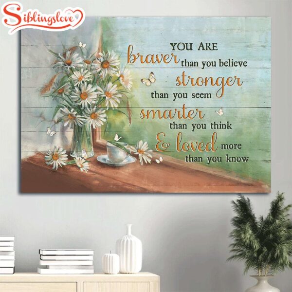 Daisy Drawing Tea Cup Green Background White Butterfly Canvas You Are Braver Than You Believe Canvas Wall Art