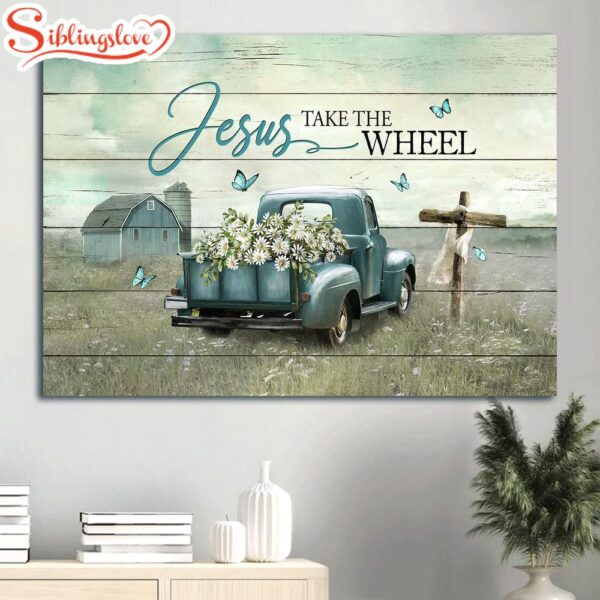 Daisy Field Ladybug Car Wooden Cross Blue Butterfly Canvas Jesus Take The Wheel Canvas Wall Art