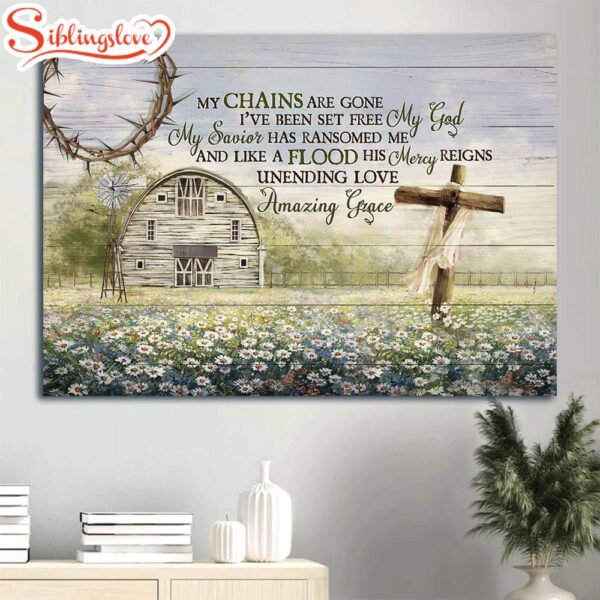 Daisy Field Wooden Cross Tranquil Farm Windmill Canvas My Chains Are Gone I’ve Been Set Free Canvas Wall Art