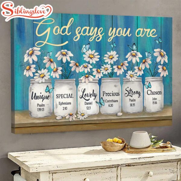 Daisy Flower Manson Jars Blue Background Canvas God Says You Are Canvas Wall Art