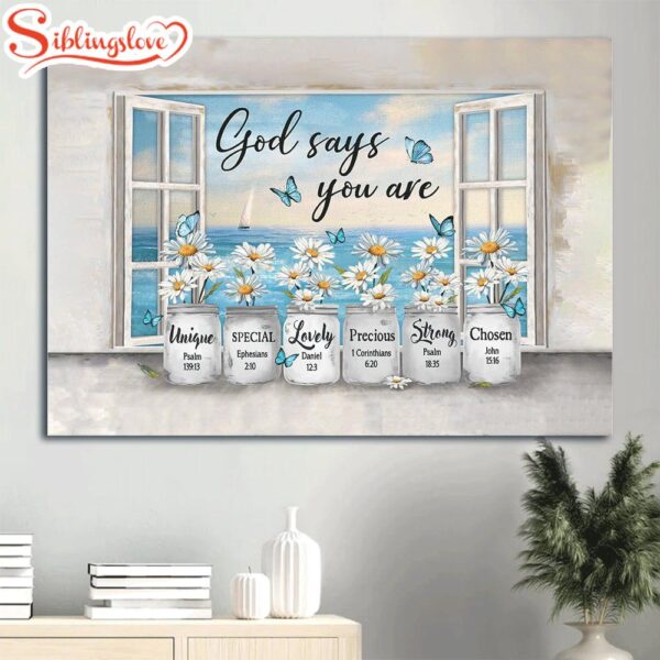 Daisy Flower Window Frame Sea Painting Blue Butterfly Canvas God Says You Are Canvas Wall Art