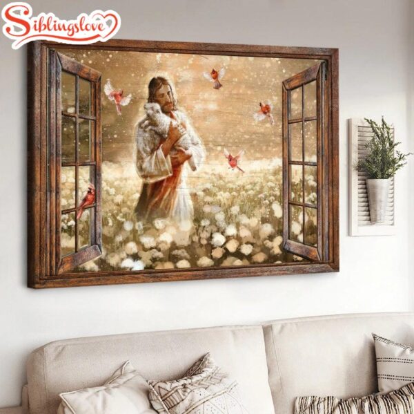 Dandelion Field Jesus Holding Lamb Cardinal Canvas Wall Art