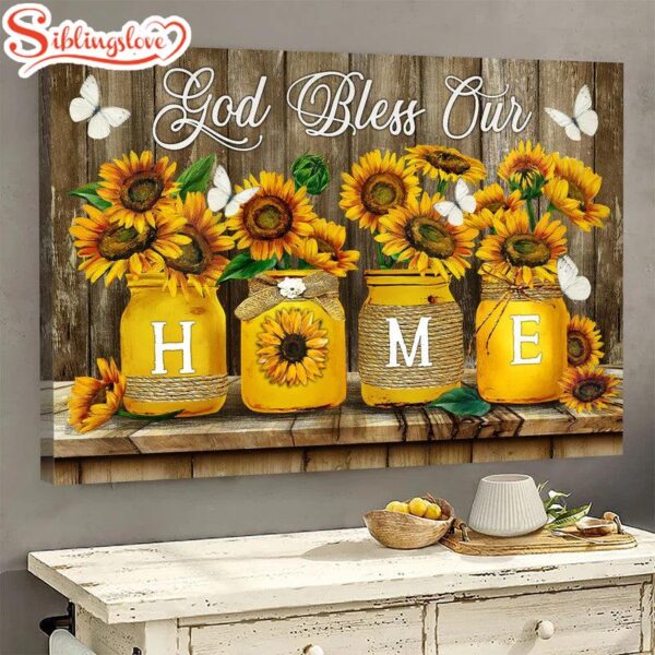 Dark Yellow Sunflower Butterfly Painting Canvas God Bless Our Home Canvas Wall Art