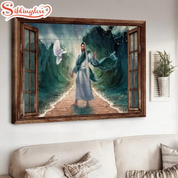 Deep Ocean White Dove Antique Window Walking With Jesus Canvas Wall Art