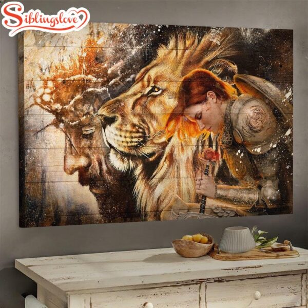 Female Knight Praying To Jesus Lion Of Judah Canvas Wall Art