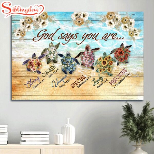 Flower Painting On The Beach Sea Turtles Bible Verse God Says You Are Canvas Wall Art