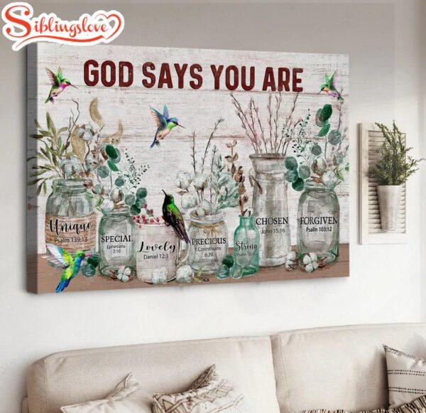 Flower Vintage Garden Hummingbird God Says You Are Unique Canvas Wall Art