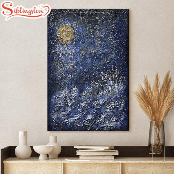 Gold Blue Art Golden Moon Abstract Painting Canvas Wall Art