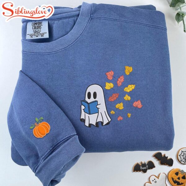 Halloween Ghost Book Lover Embroidered Sweatshirt Fashion Style